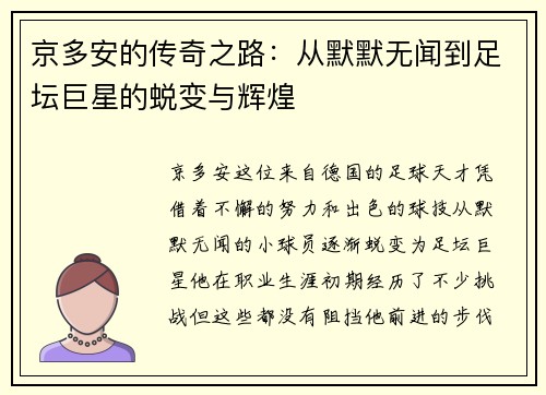 京多安的传奇之路：从默默无闻到足坛巨星的蜕变与辉煌